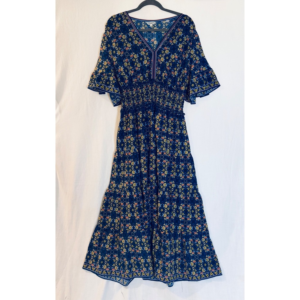 Max Studio London Floral Smocked Waist Tiered Midi Dress Navy Blue Plus Size 1X